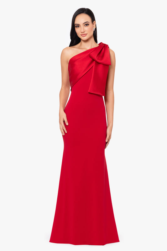 "Carmela" Scuba Crepe With Satin Bow Dress - Red | Betsy & Adam