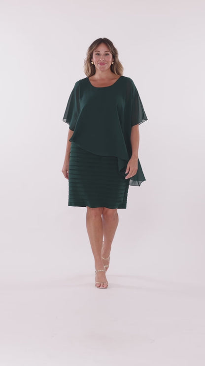 Plus "Charlotte" Jersey Knit With Chiffon Cape Shutter Dress - Forest | Betsy & Adam