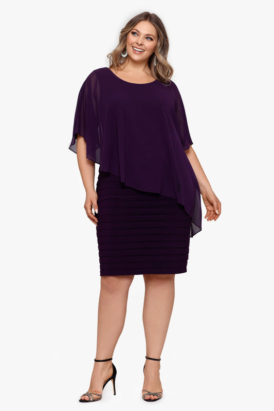 Plus "Charlotte" Jersey Knit With Chiffon Cape Shutter Dress - Plum | Betsy & Adam