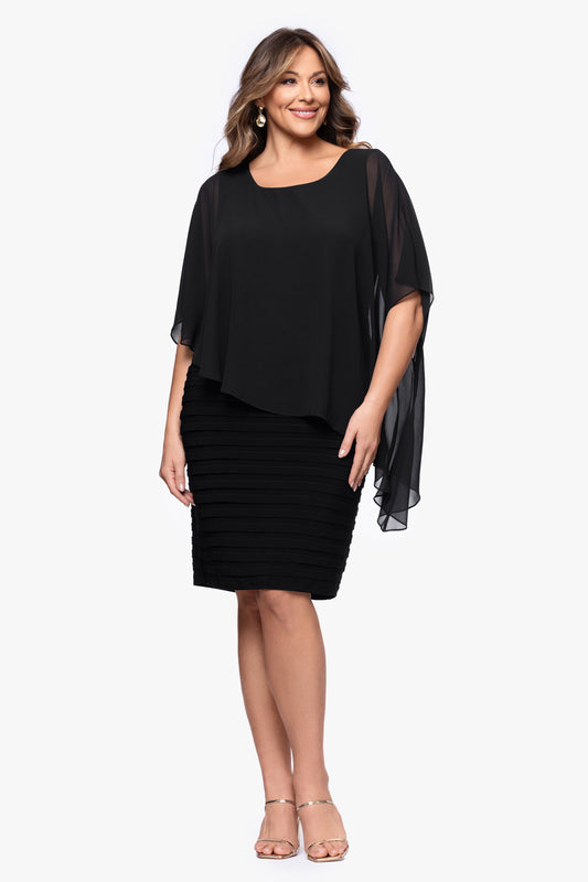 Plus "Charlotte" Jersey Knit With Chiffon Cape Shutter Dress - Black | Betsy & Adam