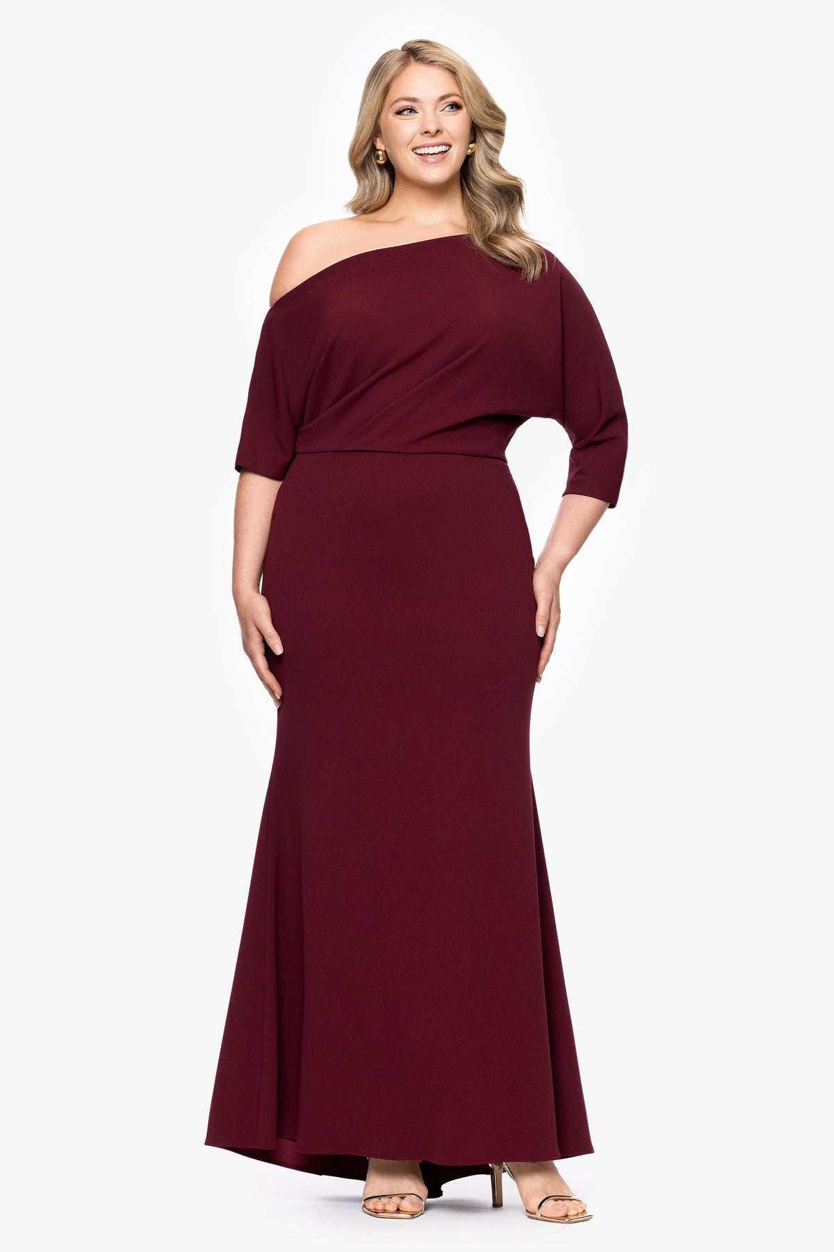 Plus “Madeline” Scuba Crepe Off The Shoulder Dress - Bordeaux | Betsy & Adam