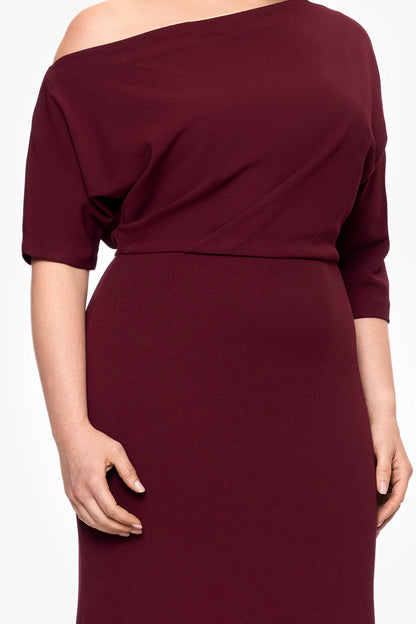 Plus “Madeline” Scuba Crepe Off The Shoulder Dress - Bordeaux | Betsy & Adam