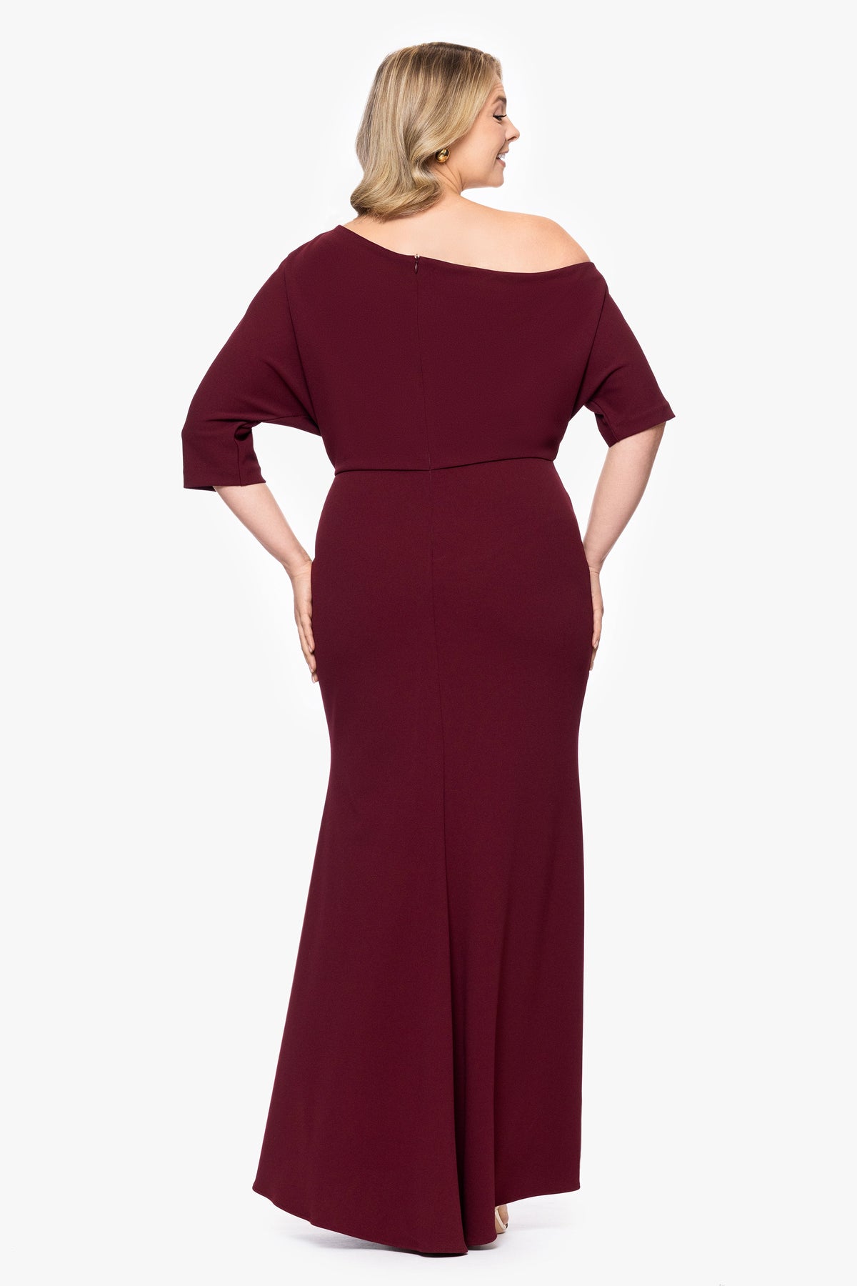 Plus “Madeline” Scuba Crepe Off The Shoulder Dress - Bordeaux | Betsy & Adam