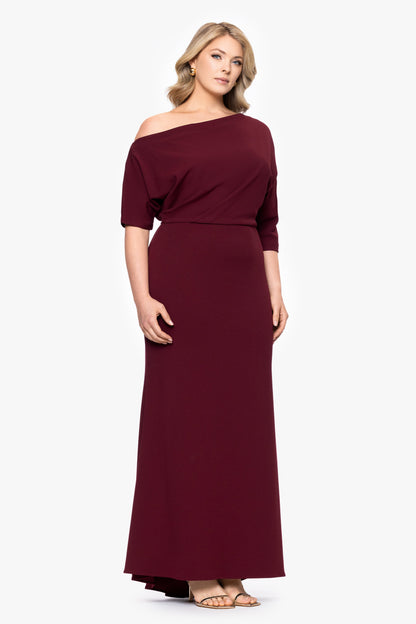 Plus “Madeline” Scuba Crepe Off The Shoulder Dress - Bordeaux | Betsy & Adam