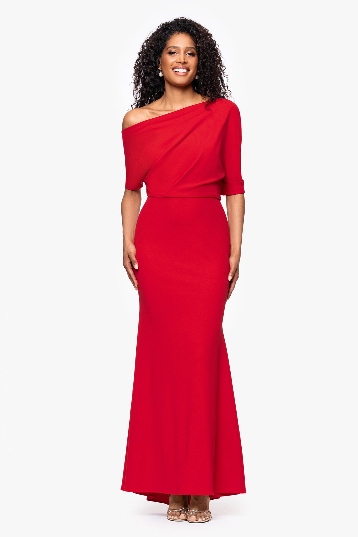 “Madeline” Scuba Crepe Off The Shoulder Dress - Red | Betsy & Adam