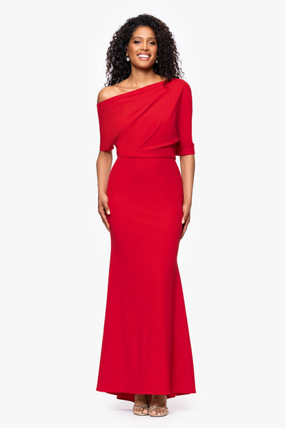 “Madeline” Scuba Crepe Off The Shoulder Dress - Red | Betsy & Adam