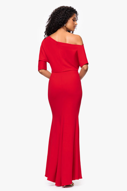 “Madeline” Scuba Crepe Off The Shoulder Dress - Red | Betsy & Adam