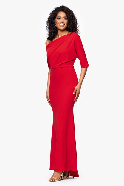 “Madeline” Scuba Crepe Off The Shoulder Dress - Red | Betsy & Adam