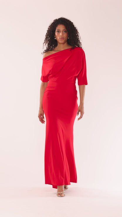 “Madeline” Scuba Crepe Off The Shoulder Dress - Red | Betsy & Adam