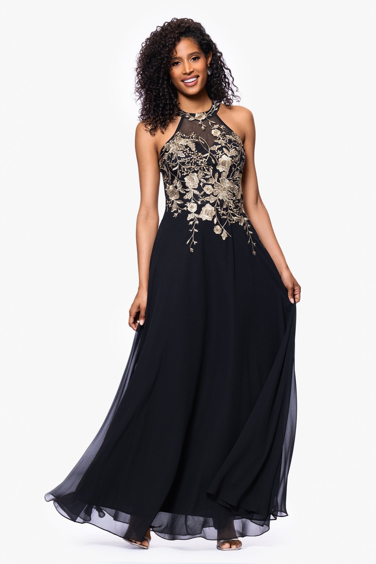 Petite "Celeste" Embroidered Chiffon Dress - Black/Gold | Betsy & Adam