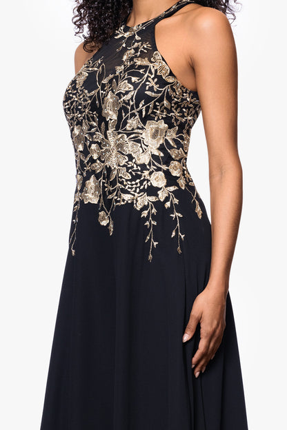 Petite "Celeste" Embroidered Chiffon Dress - Black/Gold | Betsy & Adam