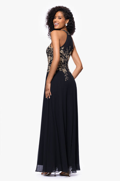 Petite "Celeste" Embroidered Chiffon Dress - Black/Gold | Betsy & Adam