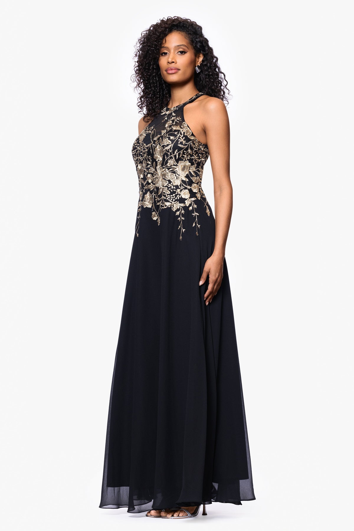 Petite "Celeste" Embroidered Chiffon Dress - Black/Gold | Betsy & Adam
