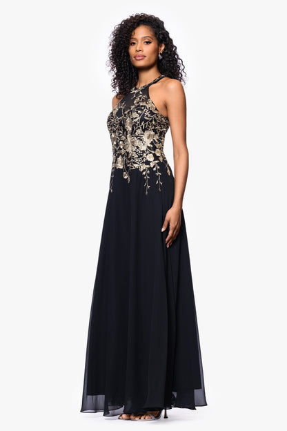 Petite "Celeste" Embroidered Chiffon Dress - Black/Gold | Betsy & Adam
