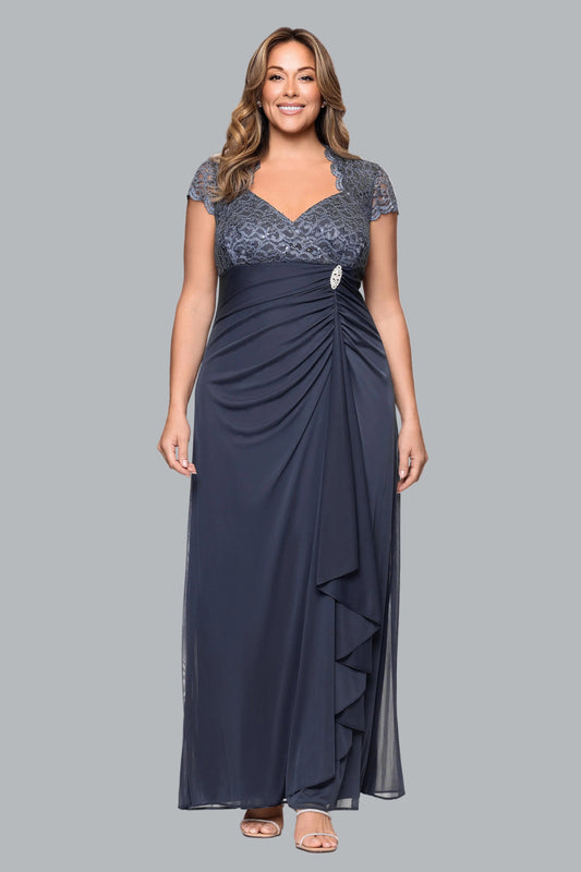 Plus "Kim" Sheer Matte Jersey Lace Cap Sleeve Dress - Charcoal | Betsy & Adam