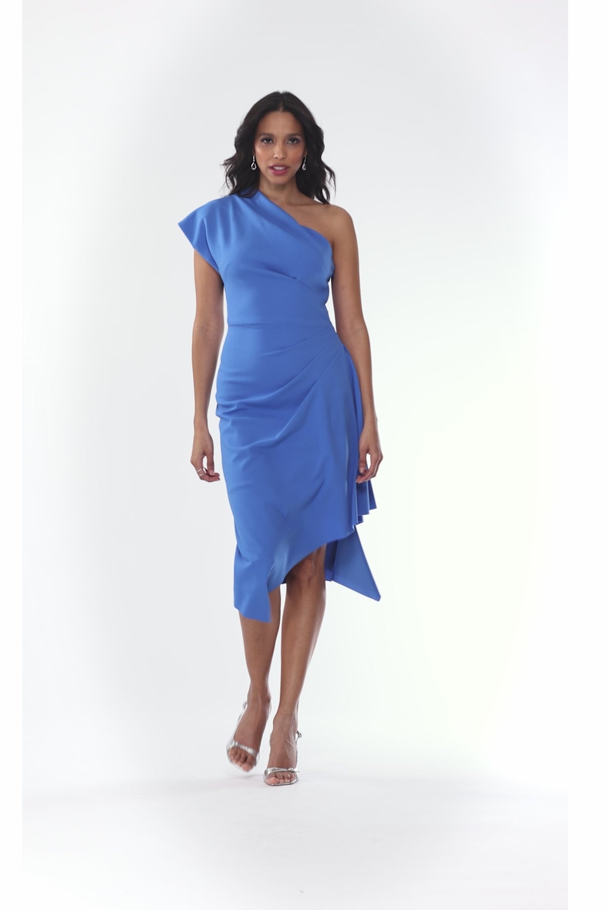 "Dorothy" Scuba Crepe One Shoulder Midi Dress - Cornflower | Betsy & Adam