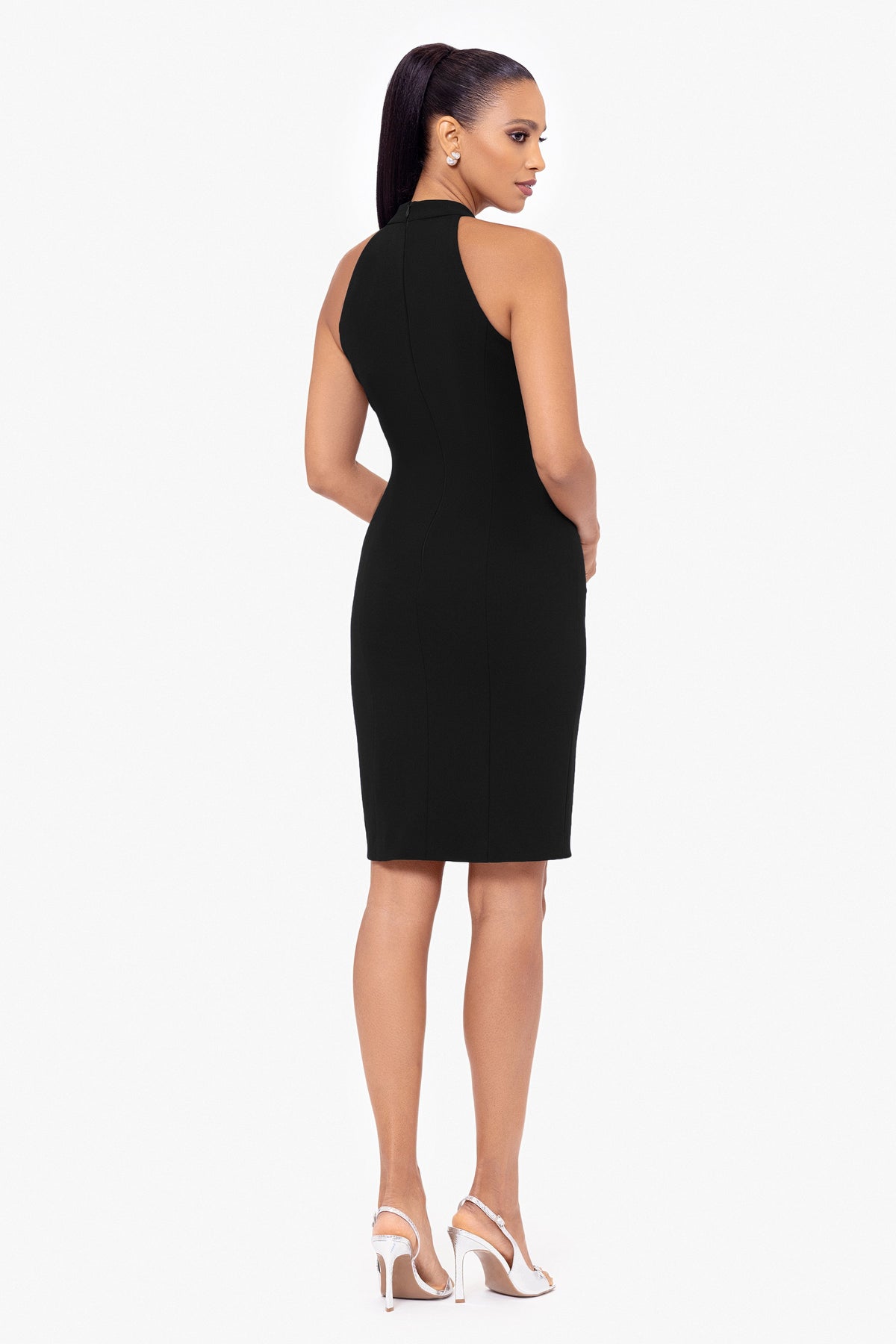 "Mariana" Scuba Crepe & Velvet Stripe Short Dress - Black | Betsy & Adam