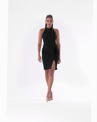 "Mariana" Scuba Crepe & Velvet Stripe Short Dress - Black | Betsy & Adam