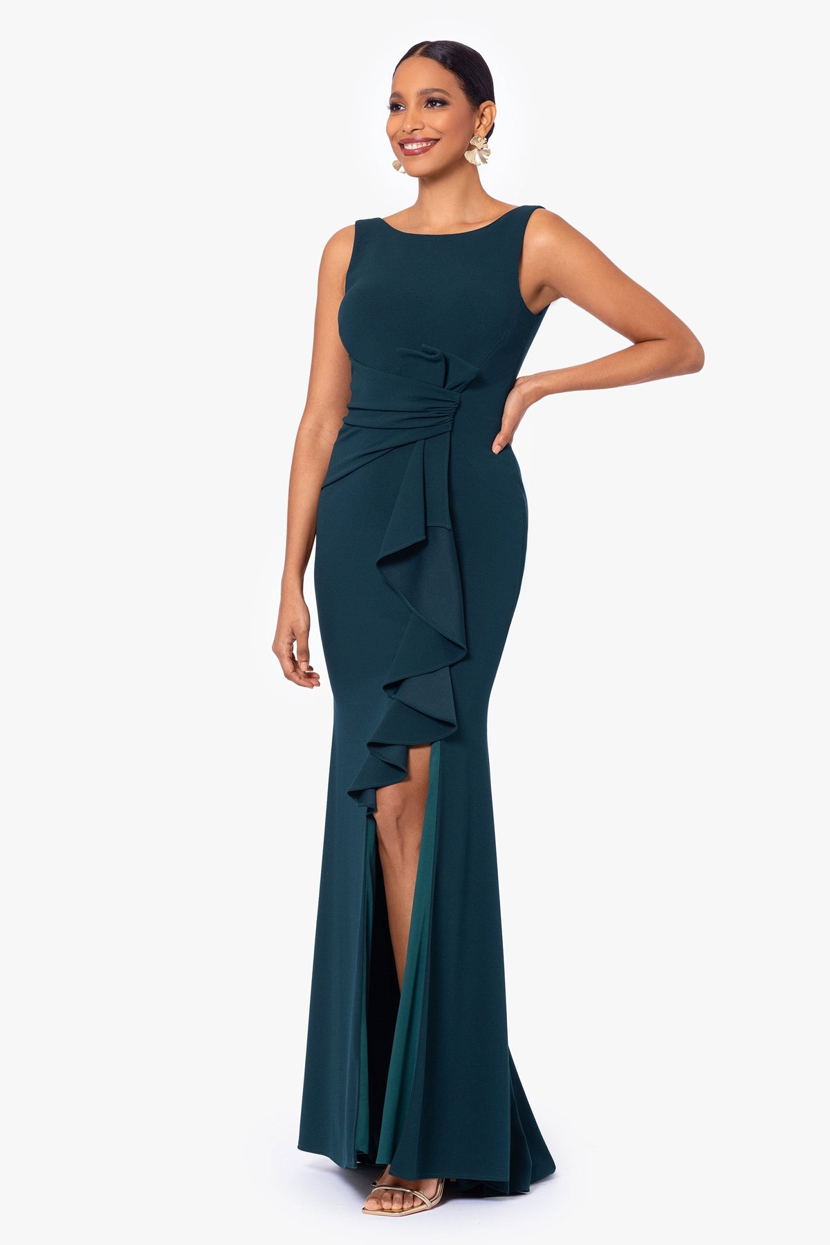 Petite "Christine" Scuba Crepe Ruffled Bow Dress - Pine | Betsy & Adam