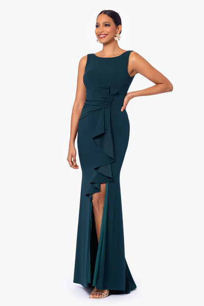 Petite "Christine" Scuba Crepe Ruffled Bow Dress - Pine | Betsy & Adam
